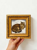 Fluffy Tabby Cat Resting Soft Linen,Custom Oil Painting from photo ,Size 4"×4"