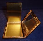 Gold Tone Metal Rectangular Engine Turned Hinged Powder Compact with Mirror