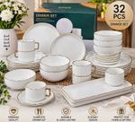 32pc White Ribbed Gold Rim Ceramic Dinner Set 8 Place, Plates Bowls