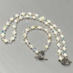 Crystal Glass and Genuine Pearl Beaded Necklace Bracelet Set AB Sterling Clasp