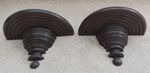Pair of antique dark wood half moon wall shelves, demi lune turned brackets