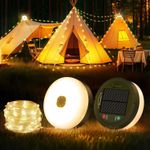 Famgoods Camping String Lights, 32.8Ft Solar & USB Retractable Camping Lights wi