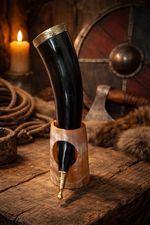 Viking Drinking Horn with Stand Natural Finish Genuine Ox Brass Rim & Tip 12 in 