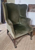 Antique Green Velvet Wingback Armchair With Original Castors