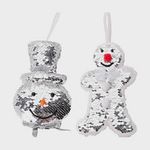 Christmas Silver Sequin Hanging Ornaments Snowman & Gingerbread Man Set of 2