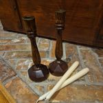 Antique Pair of Turned Wood Candlesticks – Octagonal Base & Brass Liners (9.25")