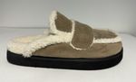 TAUPE FAUX SUEDE  UPPER WITH CREAM FUR LINED SLIP ON LOAFER MULE