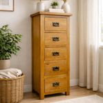 Oak 5 Drawer Tallboy – Oakcroft Rustic Wood Chest with Dark Metal Handles