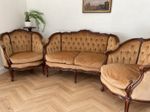 Vintage French Louis XV Style Carved Suite Sofa   Chairs Gold Button Upholstery