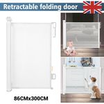 300 cm White Retractable Baby Toddler Gate Safety Folding Pet Dog Gates Stairs ~