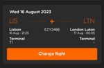 One way flight from Lisbon, Portugal to London, Luton airport on 16th August. 