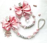 PERSONALISED PRAM CHARM AND DUMMY CLIP SET PINK WHITE GIRL BABY SHOWER GIFT