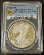 2025-W Proof $1 American Silver Eagle Laser Beam Privy PCGS Gold Shield PR69DCAM