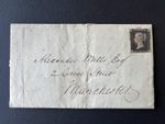 QV GB SG1-3 1d Penny Black Plate 3 MK Cover to Manchester Tied Red Maltese Cross