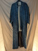 Genuine Japanese Vintage Pure Silk Blue Kimono, Floral Silver Embroidery