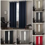 Pair of EYELET Ring Top Thermal BLACKOUT LINED Plain Curtains + Tie Backs