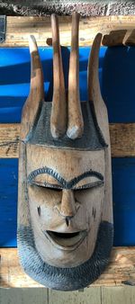 Vintage Large CENTRAL AFRICAN Carved Wood Painted horned Mask 48 Cm High