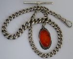 Lovely antique solid silver pocket watch albert chain & silver fob set w/ amber