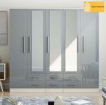 High Gloss Grey 5 Door Mirrored Fitment Wardrobe with 6 Drawers – Modern Style