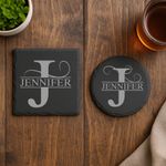 Custom Monogram Slate Coaster – Personalised Initial & Name – Rustic Gift Idea