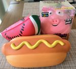 Lot of 3 Squishy Watermelon, RMS Pig, Hot Dog five below XL summer food/animal 
