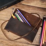 Handmade Cowhide Leather Roll Up Pen Bag Retro Vintage Pencil Pouch Case Tool UK