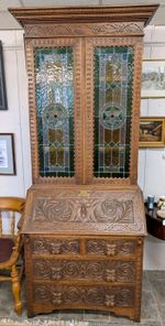 Green Man Golden  Oak, Stained Glass Bureau Bookcase Circa 1850