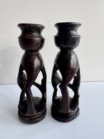 VINTAGE Rare Ebony Wood Africian Candlestick Holder Mother & Children Handmade .