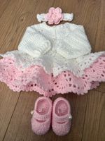 Crochet Baby Girl Cardigan, Headband And Booties Set, Newborn, Pink And White