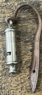 Antique  WW1 J. Hudson & Co 1915 British Army GSW whistle c/w leather strap