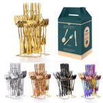 24PC CUTLERY DINNER SET STAINLESS STEEL METAL STAND RACK FORKS TEA SPOONS POLISH