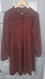 F&F Red & Black Ditsy Floral Smock Dress - Size L