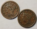 1852 & 1854 Braided Hair Large Cent, Copper Penny, 1C, Lot Of (2) Pennies, LH-Bk