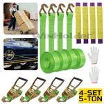 4x HEAVY DUTY RATCHET RECOVERY STRAPS CAR TRAILER TIE DOWN 5T WHEEL BELT SET