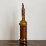 Vintage Spanish Amber Glass Decanter Embossed Portrait, Wood Stopper & Chain 15"