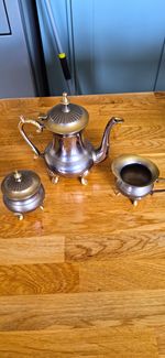 Silver Plate Tea/Coffee Teapot Set with Lidded Sugar Bowl & Creamer