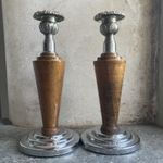 2 x Vintage Antique Art Deco Wooden & Chrome Candlesticks Candle Holders, a Pair