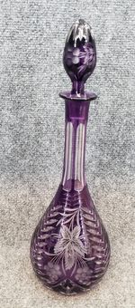 Bohemian Czech Amethyst Cut to Clear Crystal Decanter Stopper Floral
