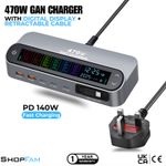 470W GaN USB C Charging Station 6-Port Retractable Cable PD3.1 140W UK Lead