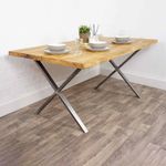 Dining Table Wooden Solid Kitchen Oak Style Furniture Metal X Style Steel Legs