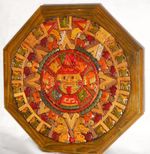 Maya Aztec Calendar Wood Handmade Multicoloured Carved Inlaid 35 cm wide Octagon