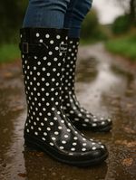 Womens Wyre Valley Wellies 3-8 Black Polka Dot-Waterproof Festival Welly Pull On