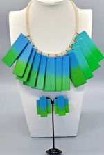 Vintage 1980s Bright Neon Bib Wood Necklace and earrings set Marked