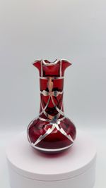 ANTIQUE ART NOVEAU ALVIN STERLING SILVER OVERLAY RED GLASS VASE, 4,5”