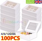 100PACK Windowed Cupcake Boxes for 1, 2, 4, 6, 12 Cup Cakes with Removable Trays