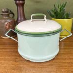 Vintage WWII Enamel Steamer Pan 6" Rustic Cream Green 1940s Utility Kitchenalia 