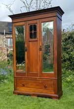 Antique Arts and Crafts Oak Double Wardrobe with Mirrors