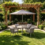 🌿 SARASOTA 4 SEAT ROUND DINING SET WITH 2.7M WOOD-EFFECT PARASOL 🌿(GRADE B)