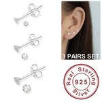 925 Sterling Silver Stud Earrings Round Square Tiny Small One pair or Set Three