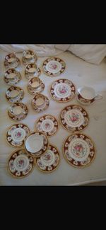 Imperial Bone China Floral Burgundy 22KT Gold Trim Tea Set Cups Saucers Plates